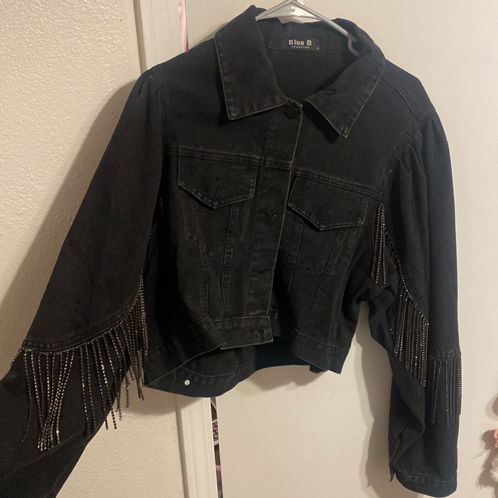 Rhinestone fringe cropped Jean jacket